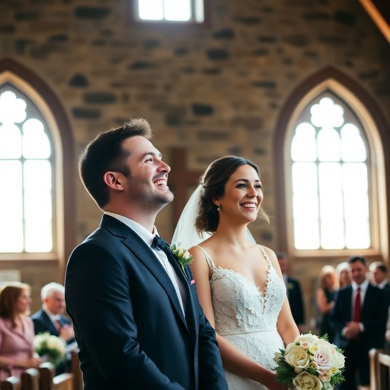 Candid bride and groom laughing during ceremony in a Québec City chapel