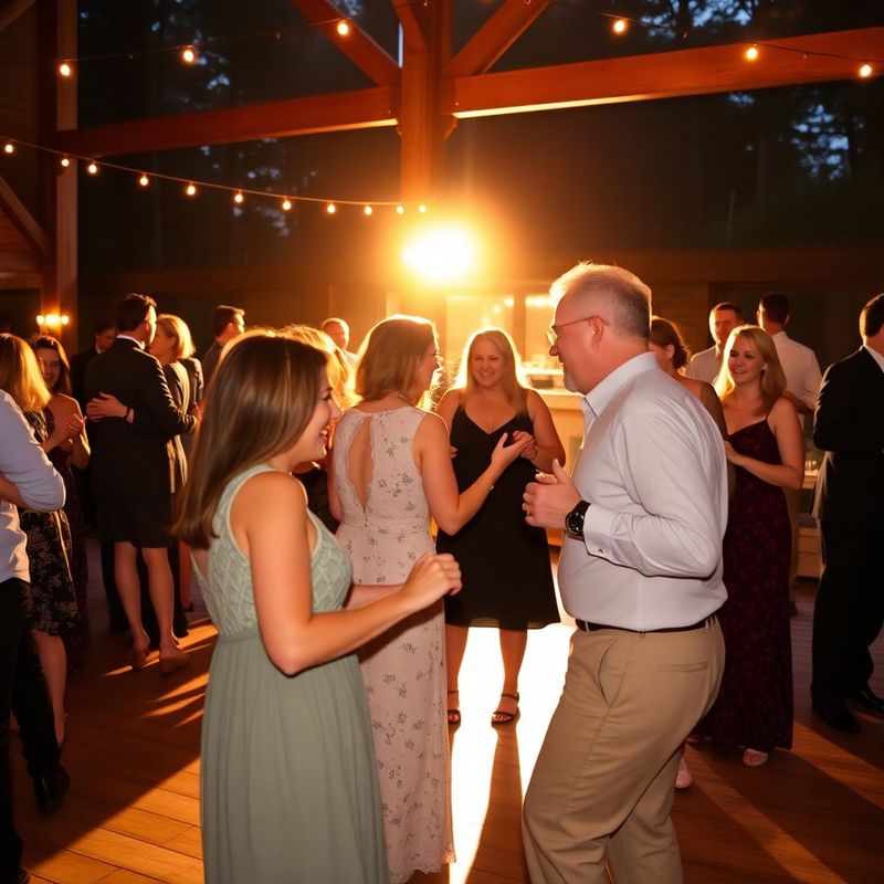 Guests dancing at a golden-hour outdoor reception in Charlevoix