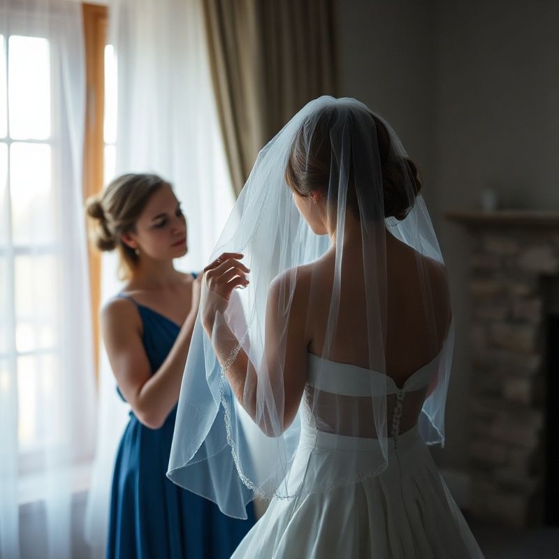 Unposed getting-ready moment with morning light through sheer curtains
