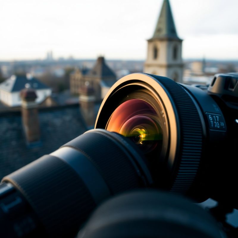 Close-up of a camera lens with Québec City rooftops blurred behind
