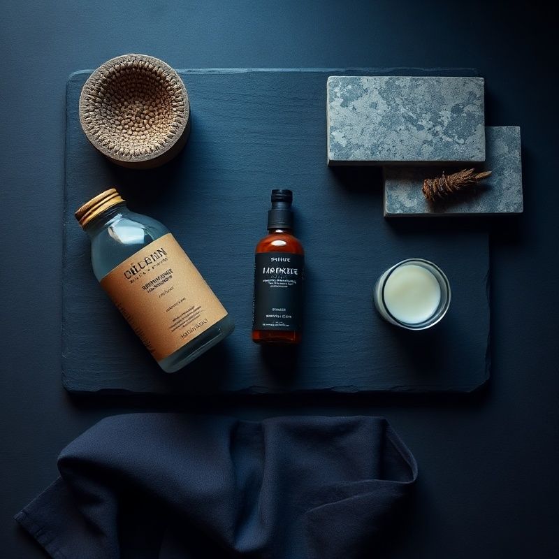 Product flat-lay on dark slate with cool indigo accent light